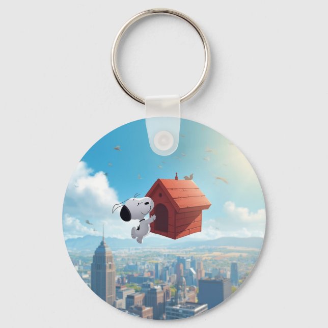 Dreamy Beagle Floating City Comic Illustration Key Ring (Front)