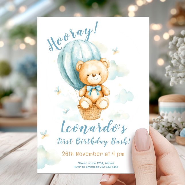 Dreamy Bear Balloon 1st Birthday Invitation (Creator Uploaded)
