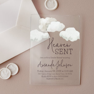 Dreamy Beige Heaven Sent Gender Reveal Acrylic Invitations