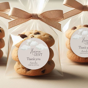 Dreamy Beige Neutral Heaven Sent Gender Reveal Classic Round Sticker