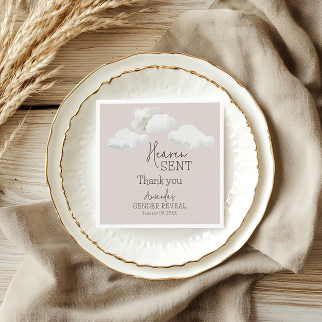 Dreamy Beige Neutral Heaven Sent Gender Reveal Napkin (Creator Uploaded)