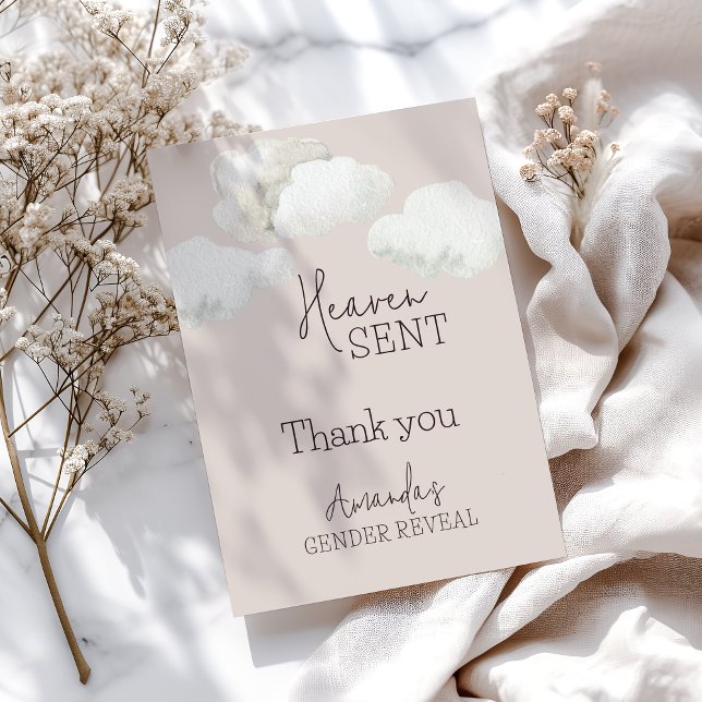 Dreamy Beige Neutral Heaven Sent Gender Reveal Thank You Card (Creator Uploaded)