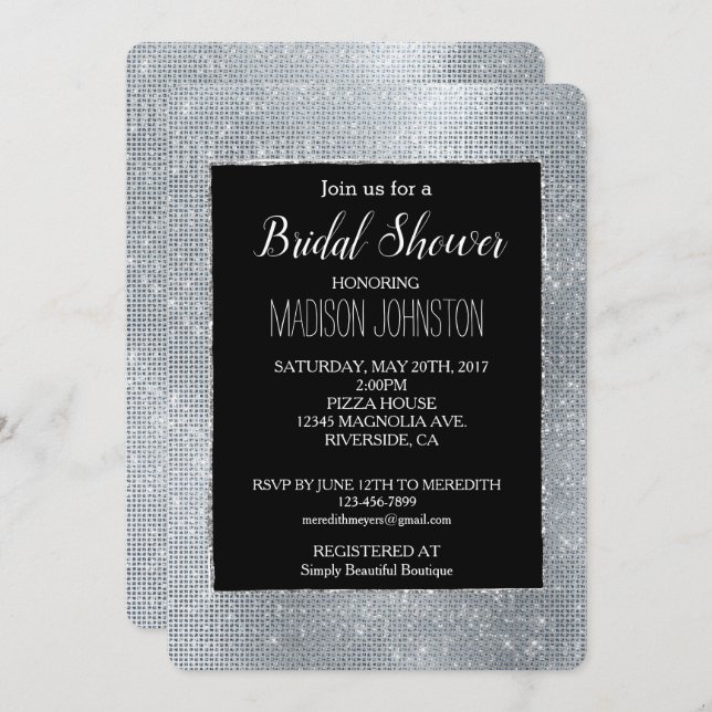 Dreamy Black Glitzy Silver Sparkle Invitation (Front/Back)