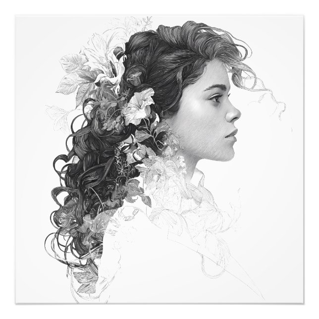 Dreamy Black White Floral Hair Portrait Photo Print (Front)