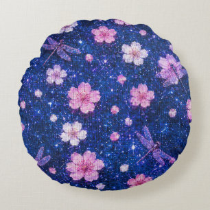 Dreamy Blossom Night With Cherry flowers Round Cushion