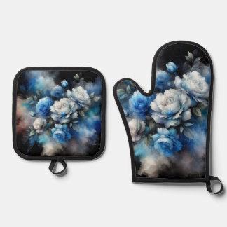 Dreamy Blue and White Roses Oven Mitt & Pot Holder Set