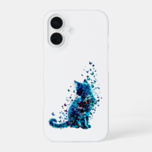 Dreamy Blue Cat – Butterfly & Floral Art iPhone 16 Case