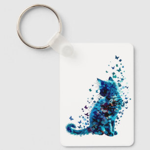 Dreamy Blue Cat – Butterfly & Floral Art Key Ring
