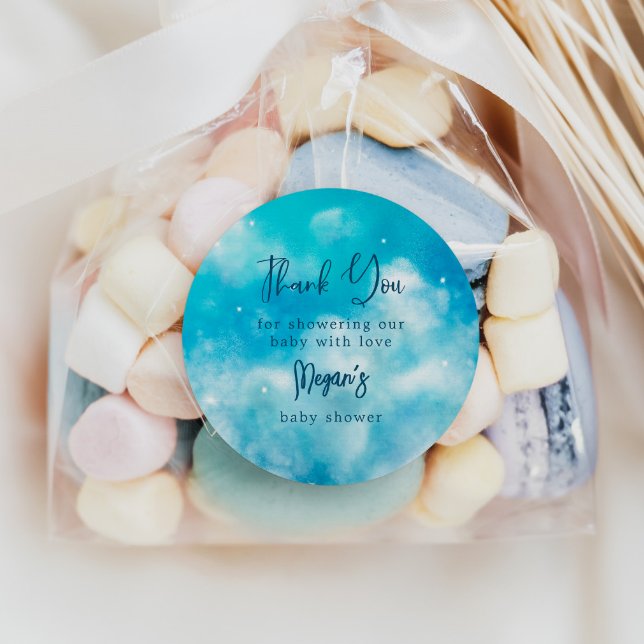 Dreamy Blue Cloud 9 Baby Shower Favour Classic Round Sticker (Creator Uploaded)