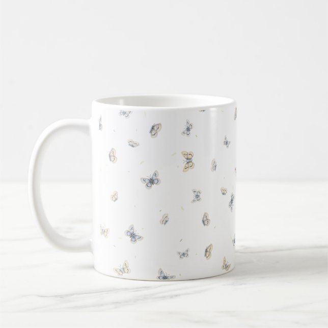Dreamy Blue & Cream Butterflies Print Coffee Mug (Left)