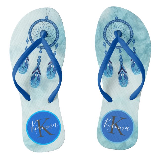 Dreamy Blue Dream Catcher Monogram Thongs (Footbed)