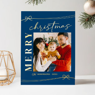 Dreamy Blue Gold Script Merry Christmas Photo Foil Holiday Card