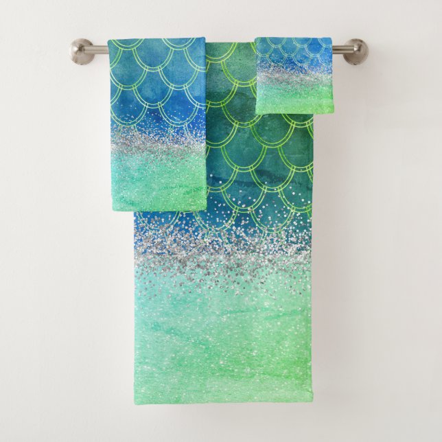 Dreamy Blue Green Mermaid Glittery Bling Bath Towel Set (Insitu)