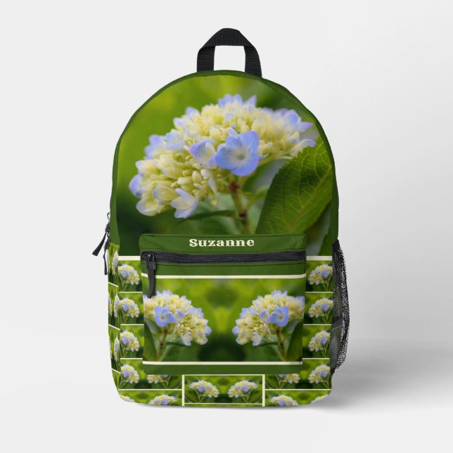 Dreamy Blue Hydrangea Flower Personalised Printed Backpack (Front)