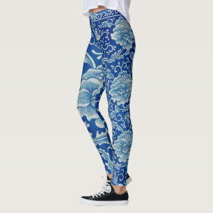 Dreamy Blue Lotus Vintage Chinoiserie Leggings