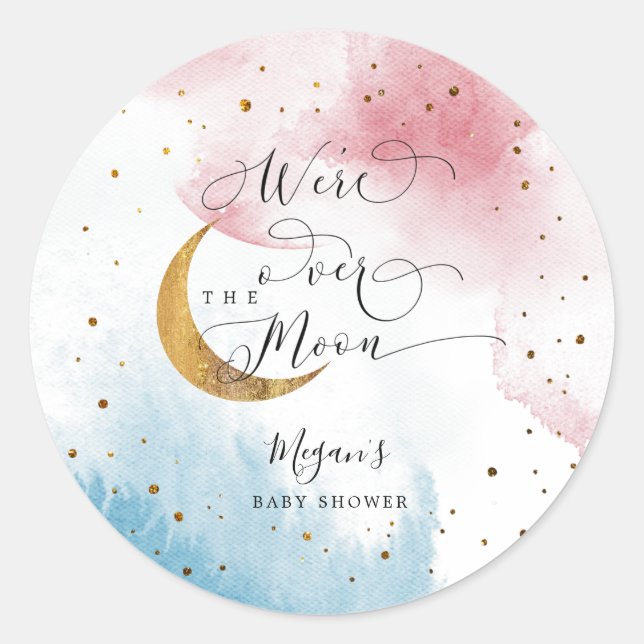 Dreamy Blue Pink Over The Moon Boy Baby Shower  Classic Round Sticker (Front)
