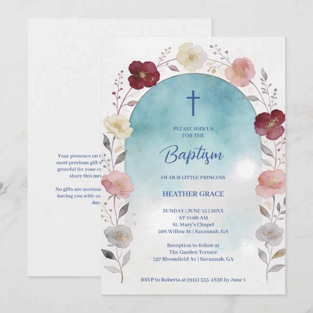 Dreamy Blue Shades Floral Frame Arch Baptisme Invitation (Front/Back)