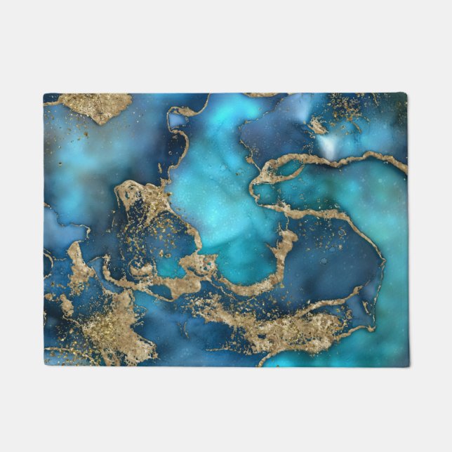 Dreamy Blue Teal and Gold Doormat (Front)
