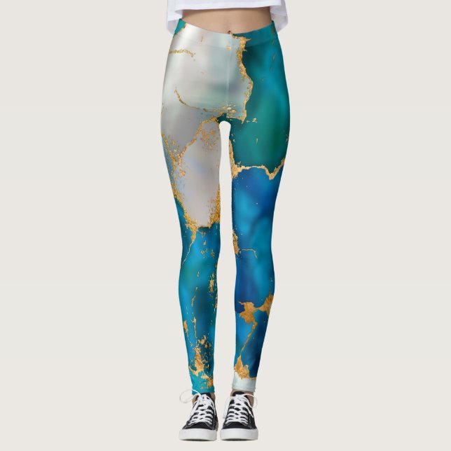 Dreamy Blue, Teal, pearl and Gold Leggings (Front)