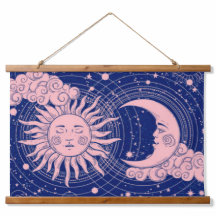 Dreamy Blue Vintage Celestial Pink Sun & Moon