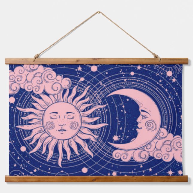 Dreamy Blue Vintage Celestial Pink Sun & Moon Hanging Tapestry (Front)