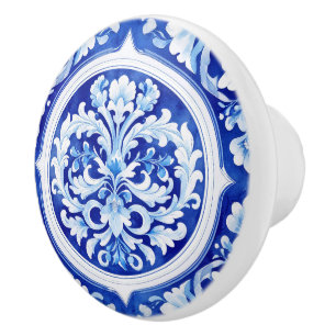 Dreamy Blue Watercolor Acanthus Leaf Design Ceramic Knob