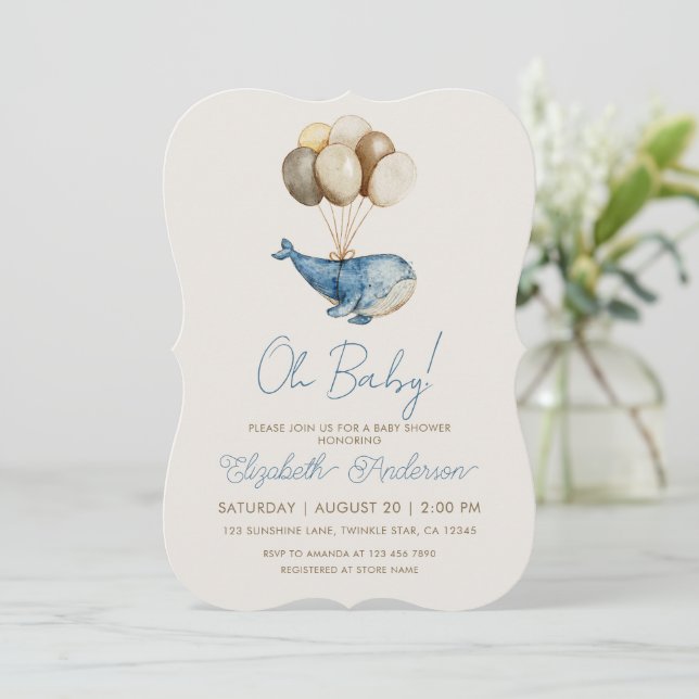 Dreamy Blue Whale and Balloons Boy Baby Shower Invitation (Standing Front)