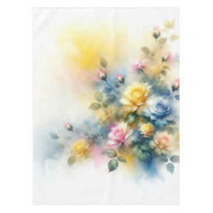 Dreamy Blue, Yellow, and Pink Roses Watercolor Tablecloth