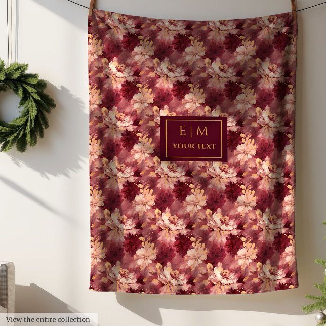 Dreamy Blush Burgundy Gold Personalised Floral  Fleece Blanket (Dreamy Blush Burgundy Gold Personalized Floral Fleece Blanket )