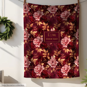Dreamy Blush Burgundy Gold Personalised Floral  Fleece Blanket
