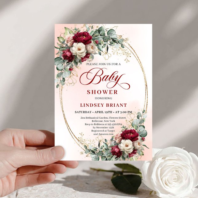 Dreamy Bohemian Deep Red Floral Baby Shower Invitation (Dreamy Bohemian Deep Red Floral Baby Shower)