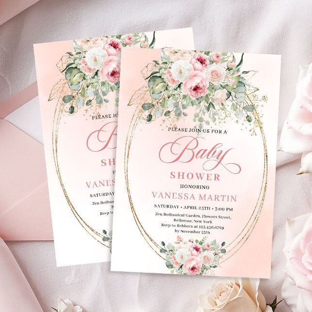 Dreamy Boho Blush Roses Eucalyptus Baby Shower   Invitation (Dreamy Boho Blush Roses Eucalyptus Baby Shower Invite)