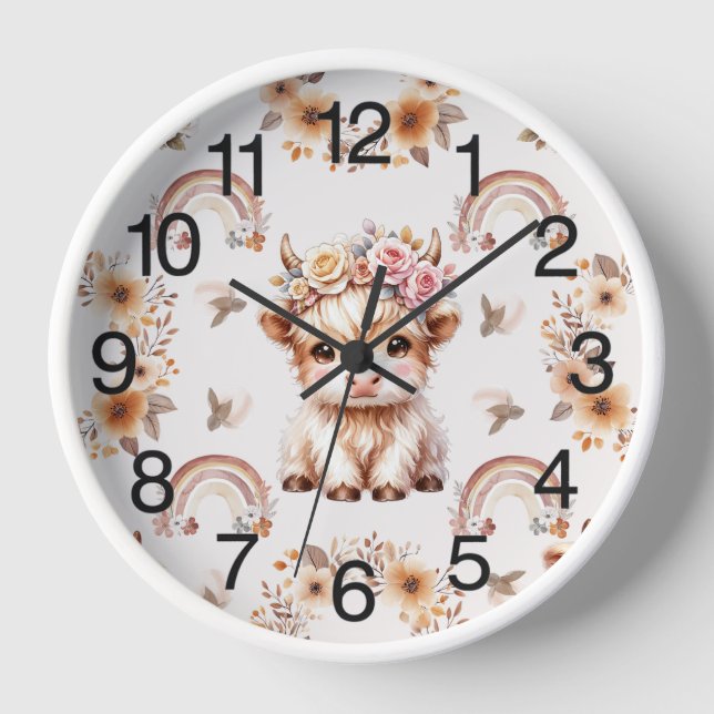 Dreamy Boho Highland Cow Nursery Clock (Front)
