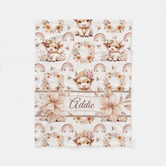 Dreamy Boho Highland Cow Nursery Fleece Blanket