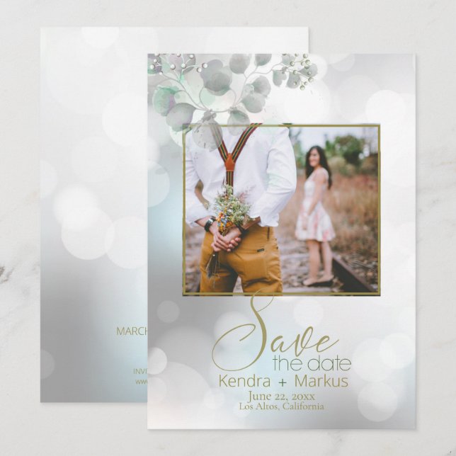Dreamy Bokeh and Eucalyptus Foliage Save the Date Invitation (Front/Back)