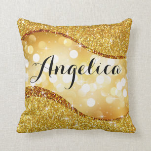 Dreamy Bokeh Glitter Bling Swoop Monogram   gold Cushion