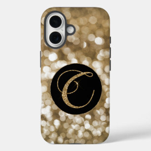 Dreamy Bokeh Gold Glitter Letter C Monogram Black  iPhone 16 Case