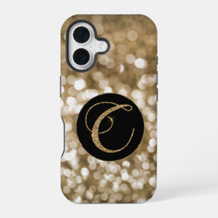 Dreamy Bokeh Gold Glitter Letter C Monogram Black iPhone 16 Case