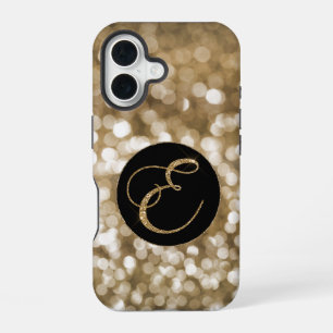 Dreamy Bokeh Gold Glitter Letter E Monogram Black iPhone 16 Case