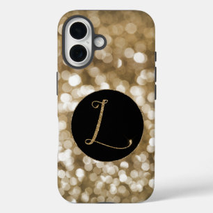 Dreamy Bokeh Gold Glitter Letter L Monogram Black  iPhone 16 Case