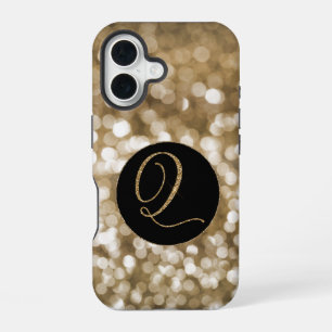 Dreamy Bokeh Gold Glitter Letter Q Monogram Black iPhone 16 Case