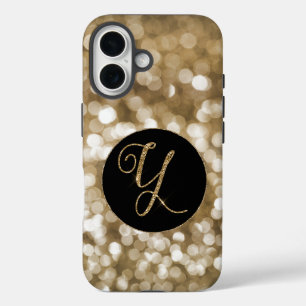 Dreamy Bokeh Gold Glitter Letter Y Monogram Black  iPhone 16 Case