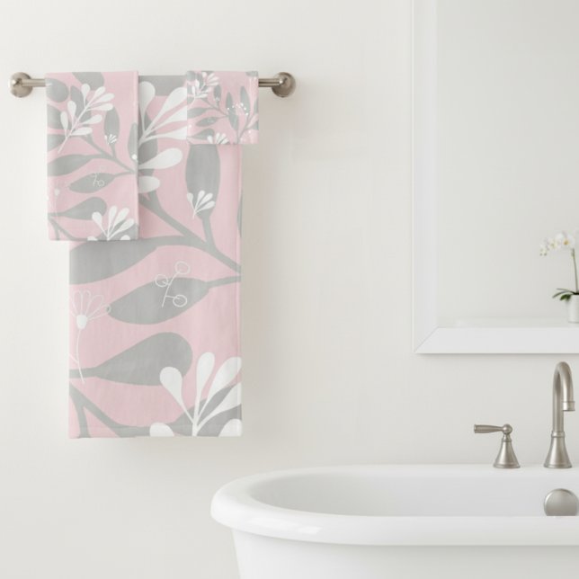Dreamy Botanical: Pink Canvas with Grey Leaves Bath Towel Set (Creator Uploaded)