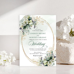 Dreamy botanical white roses wedding invitation