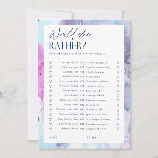 Dreamy Bridal Shower Would She Rather Game Card (Front)