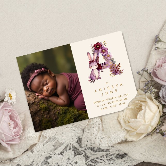 Dreamy Bunny A Initial Burgundy Glitter Newborn Announcement (Dreamy Funny Bunny Romantic Floral A Initial in Burgundy & Gold Glitter Effect for Newborn Photo.)