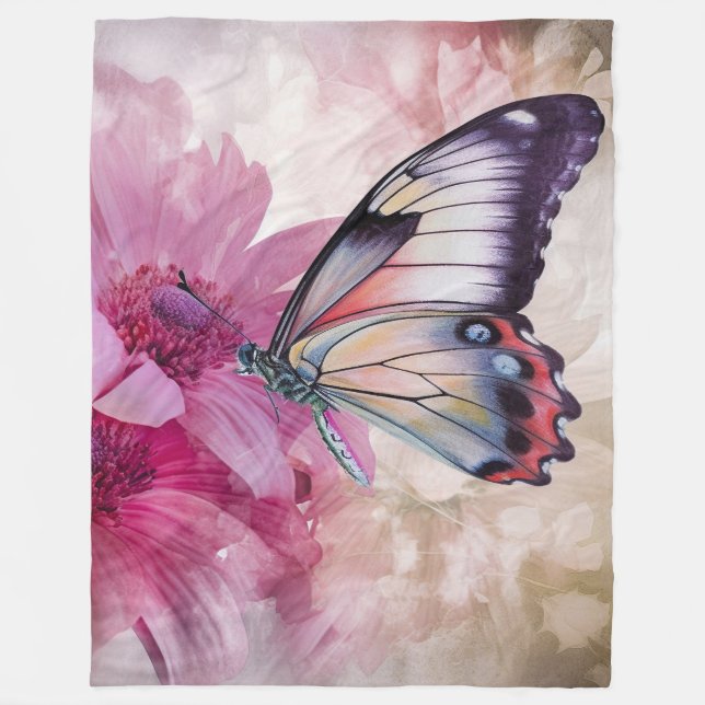 Dreamy Butterfly with Pink Flowers  Fleece Blanket (Front)