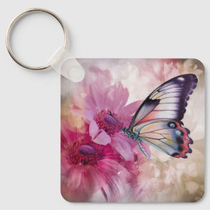 Dreamy Butterfly with Pink Flowers  Key Ring