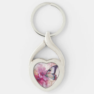 Dreamy Butterfly with Pink Flowers Key Ring