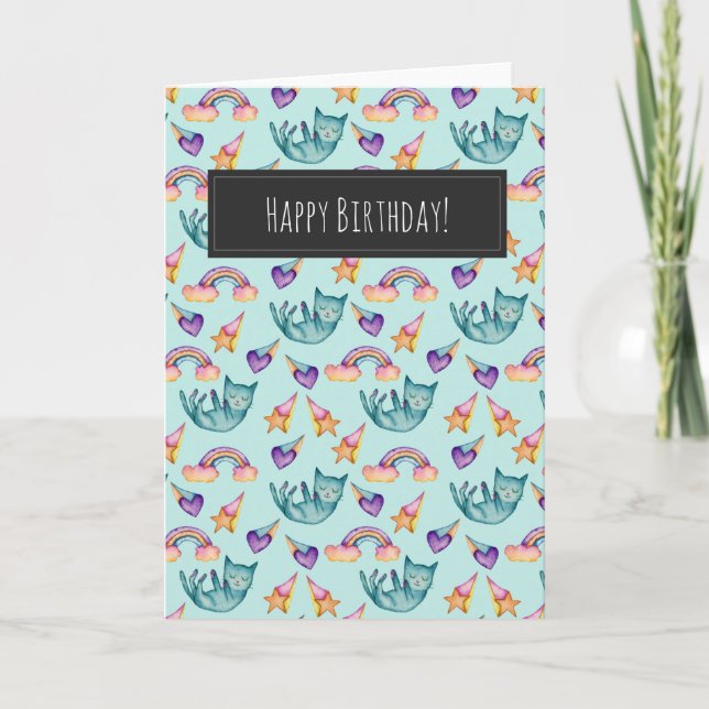Dreamy Cat Floating in the Sky | Happy Birthday Card (Front)